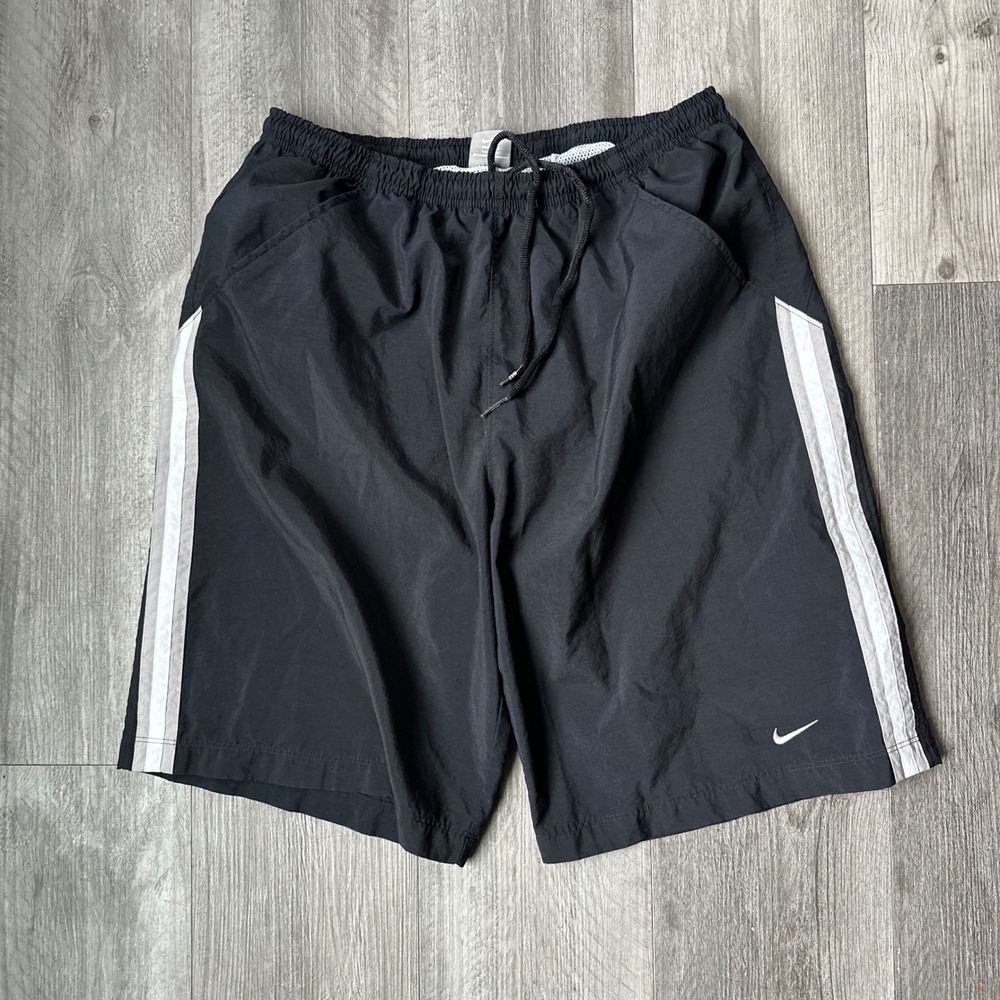 Vintage Y2K Nike Black Athletic Shorts with White Stripes Drawstring Size Large